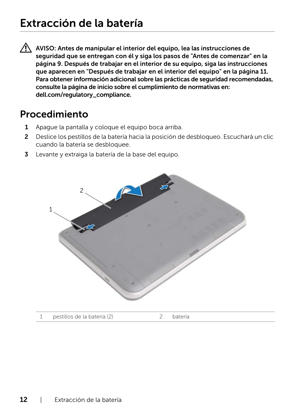 Extracción de la batería, Procedimiento | Dell Inspiron 14R (5421, Early 2013) User Manual | Page 12 / 73