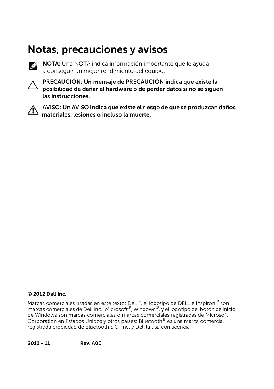 Notas, precauciones y avisos | Dell Inspiron 14R (5421, Early 2013) User Manual | Page 2 / 73