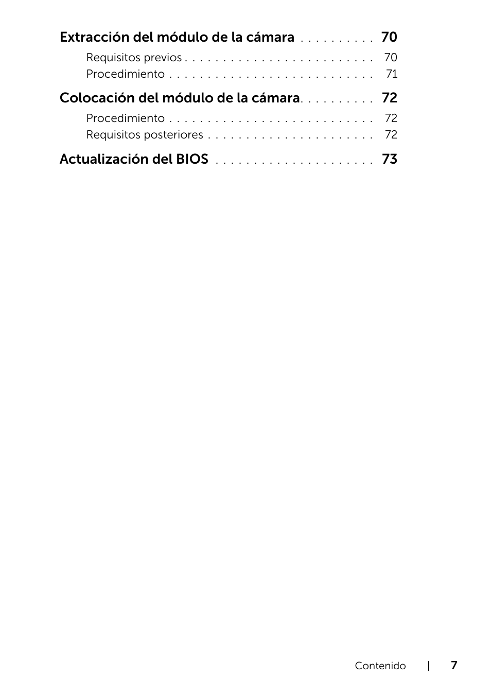 Extracción del módulo de la cámara, Colocación del módulo de la cámara, Actualización del bios | Dell Inspiron 14R (5421, Early 2013) User Manual | Page 7 / 73