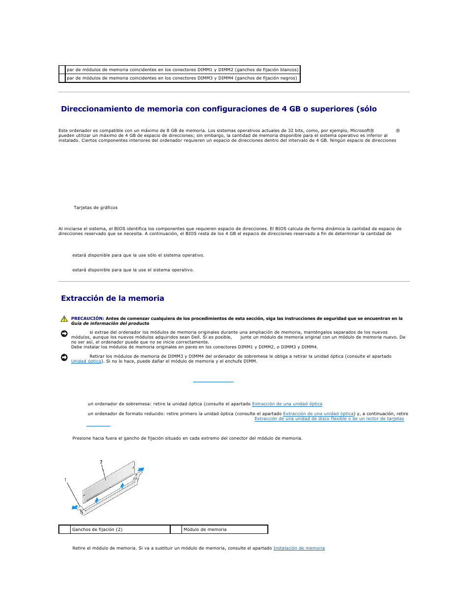 Extracción de la memoria | Dell OptiPlex 740 User Manual | Page 100 / 236