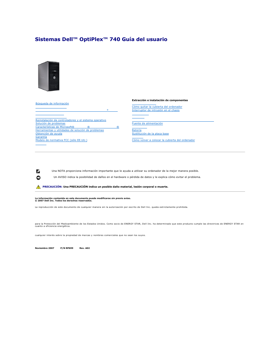 Sistemas dell™ optiplex™ 740 guía del usuario, Notas, avisos y precauciones, Ordenador de minitorre | Dell OptiPlex 740 User Manual | Page 103 / 236