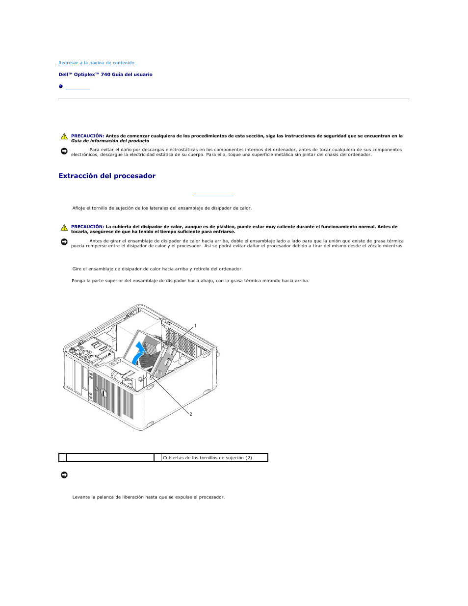 Procesador, Extracción del procesador | Dell OptiPlex 740 User Manual | Page 116 / 236