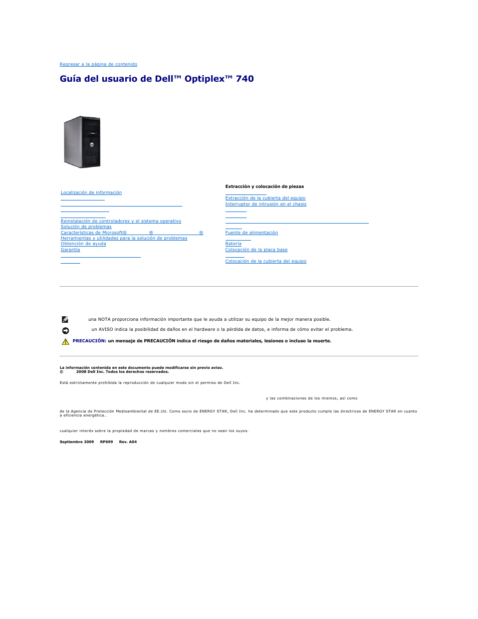 Guía del usuario de dell™ optiplex™ 740, Notas, avisos y precauciones, Equipo de minitorre | Dell OptiPlex 740 User Manual | Page 134 / 236