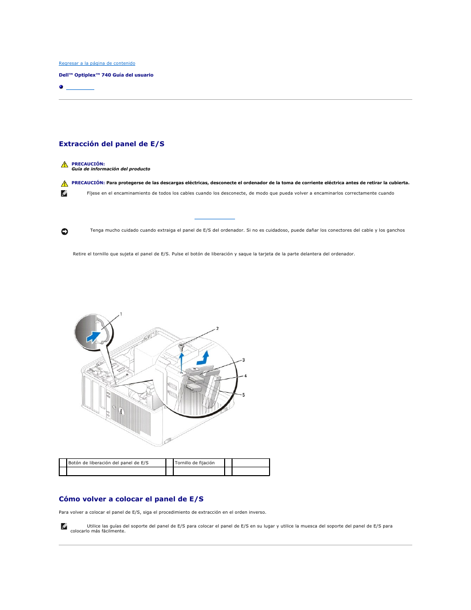 Panel de e/s, Extracción del panel de e/s, Cómo volver a colocar el panel de e/s | Dell OptiPlex 740 User Manual | Page 135 / 236