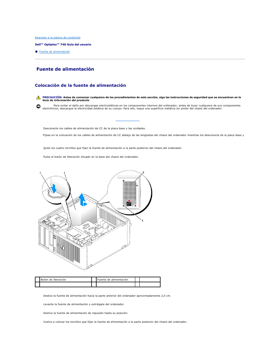 Fuente de alimentación, Colocación de la fuente de alimentación | Dell OptiPlex 740 User Manual | Page 137 / 236