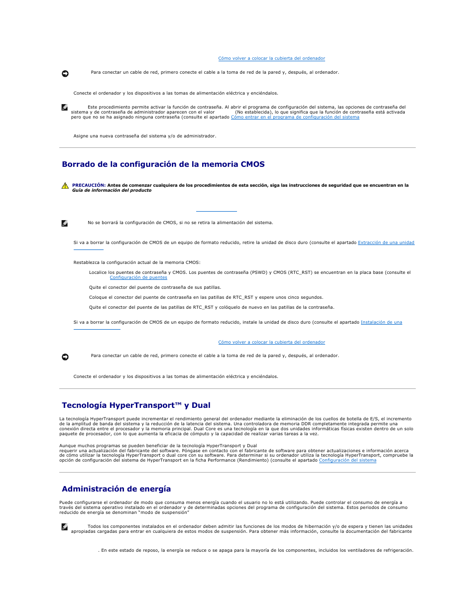 Borrado de la configuración de la memoria cmos, Tecnología hypertransport™ y dual, Core | Administración de energía, Tecnología hypertransport™ y dual -core | Dell OptiPlex 740 User Manual | Page 14 / 236