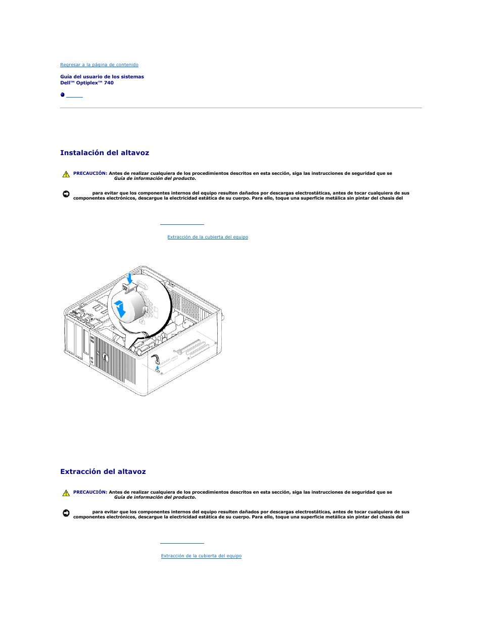 Altavoz, Instalación del altavoz, Extracción del altavoz | Dell OptiPlex 740 User Manual | Page 147 / 236