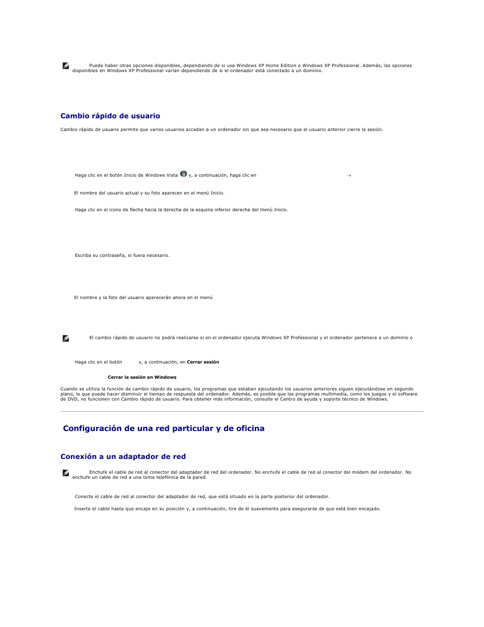 Configuración de una red particular y de oficina, Cambio rápido de usuario, Conexión a un adaptador de red | Dell OptiPlex 740 User Manual | Page 152 / 236