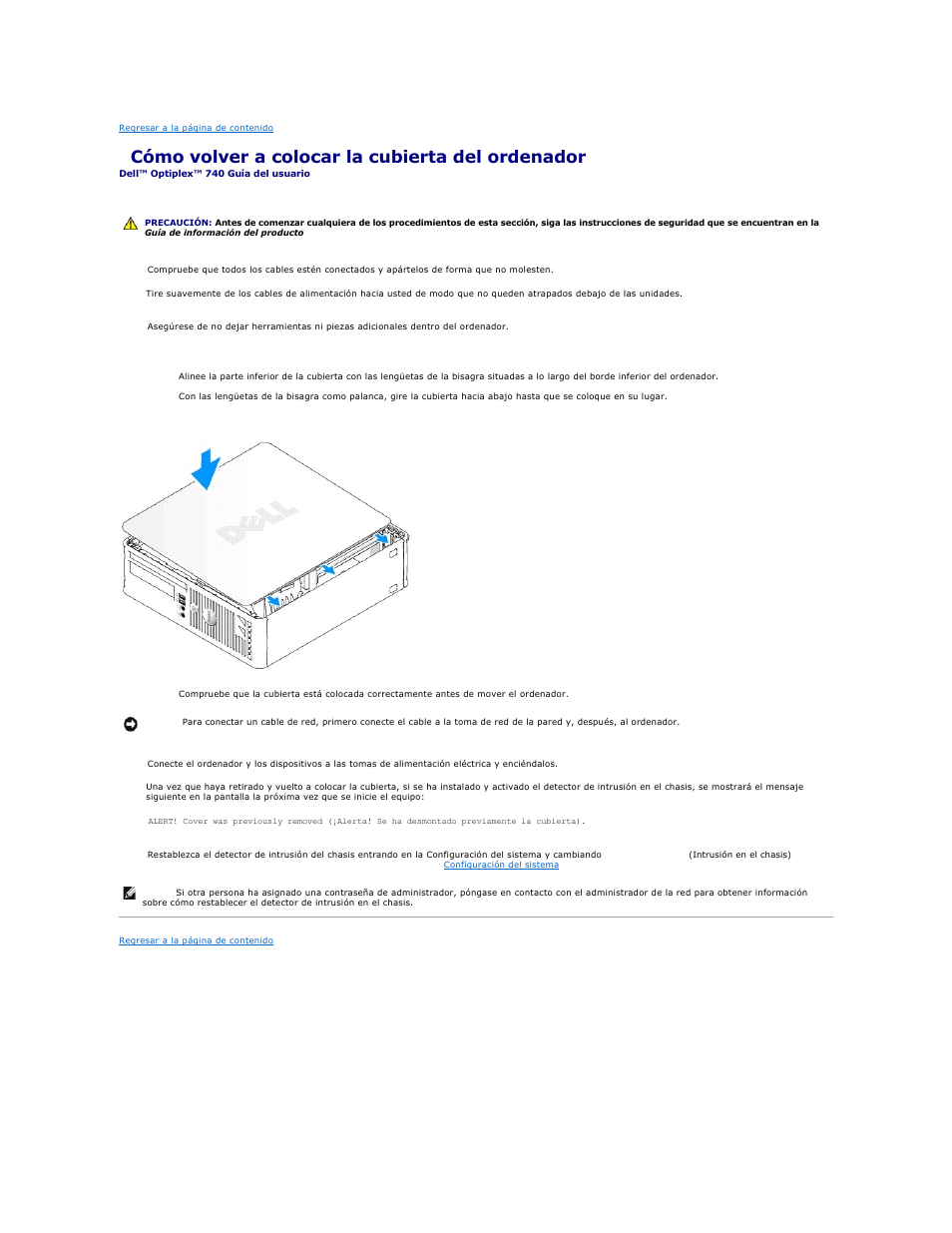 Cómo volver a colocar la cubierta del ordenador | Dell OptiPlex 740 User Manual | Page 154 / 236