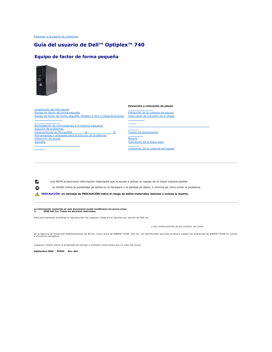 Guía del usuario de dell™ optiplex™ 740, Notas, avisos y precauciones, Equipo de factor de forma pequeña | Dell OptiPlex 740 User Manual | Page 179 / 236