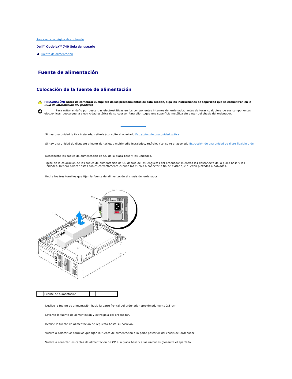Fuente de alimentación, Colocación de la fuente de alimentación | Dell OptiPlex 740 User Manual | Page 182 / 236