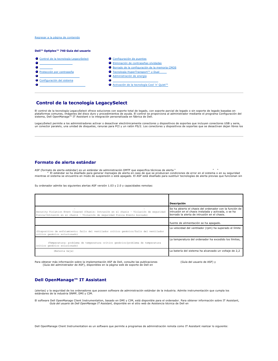 Funciones avanzadas, Control de la tecnología legacyselect, Capacidad administrativa | Formato de alerta estándar, Dell openmanage™ it assistant, Dell openmanage client instrumentation | Dell OptiPlex 740 User Manual | Page 2 / 236