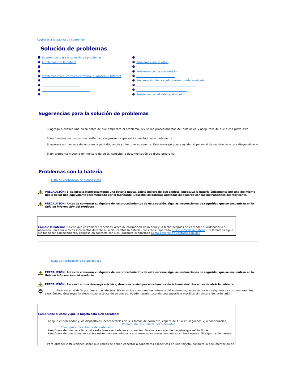Solución de problemas, Sugerencias para la solución de problemas, Problemas con la batería | Problemas con la tarjeta | Dell OptiPlex 740 User Manual | Page 204 / 236