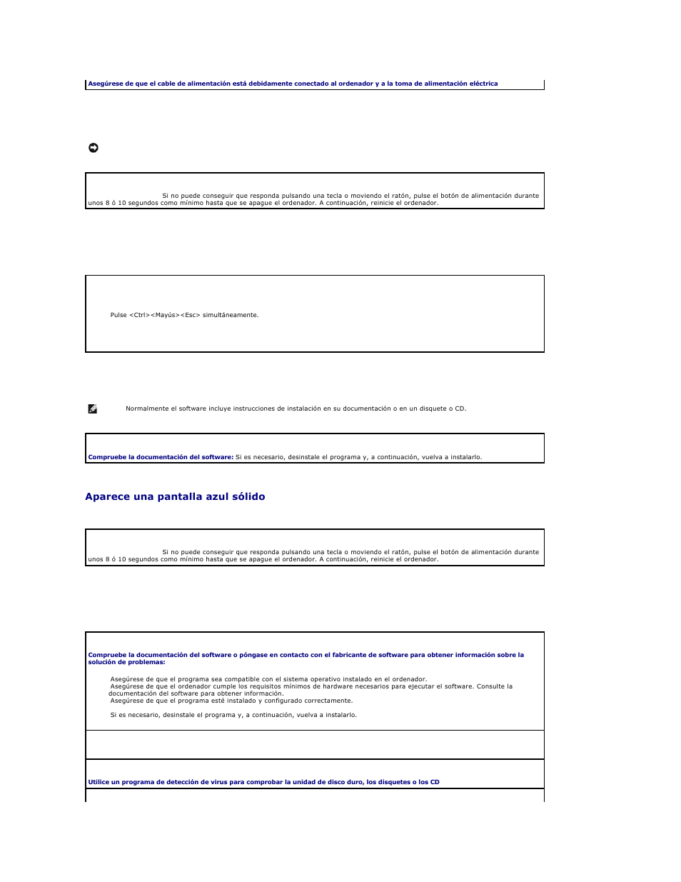 El ordenador no responde, Un programa no responde, Un programa se bloquea repetidamente | Aparece una pantalla azul sólido, Otros problemas de software | Dell OptiPlex 740 User Manual | Page 208 / 236