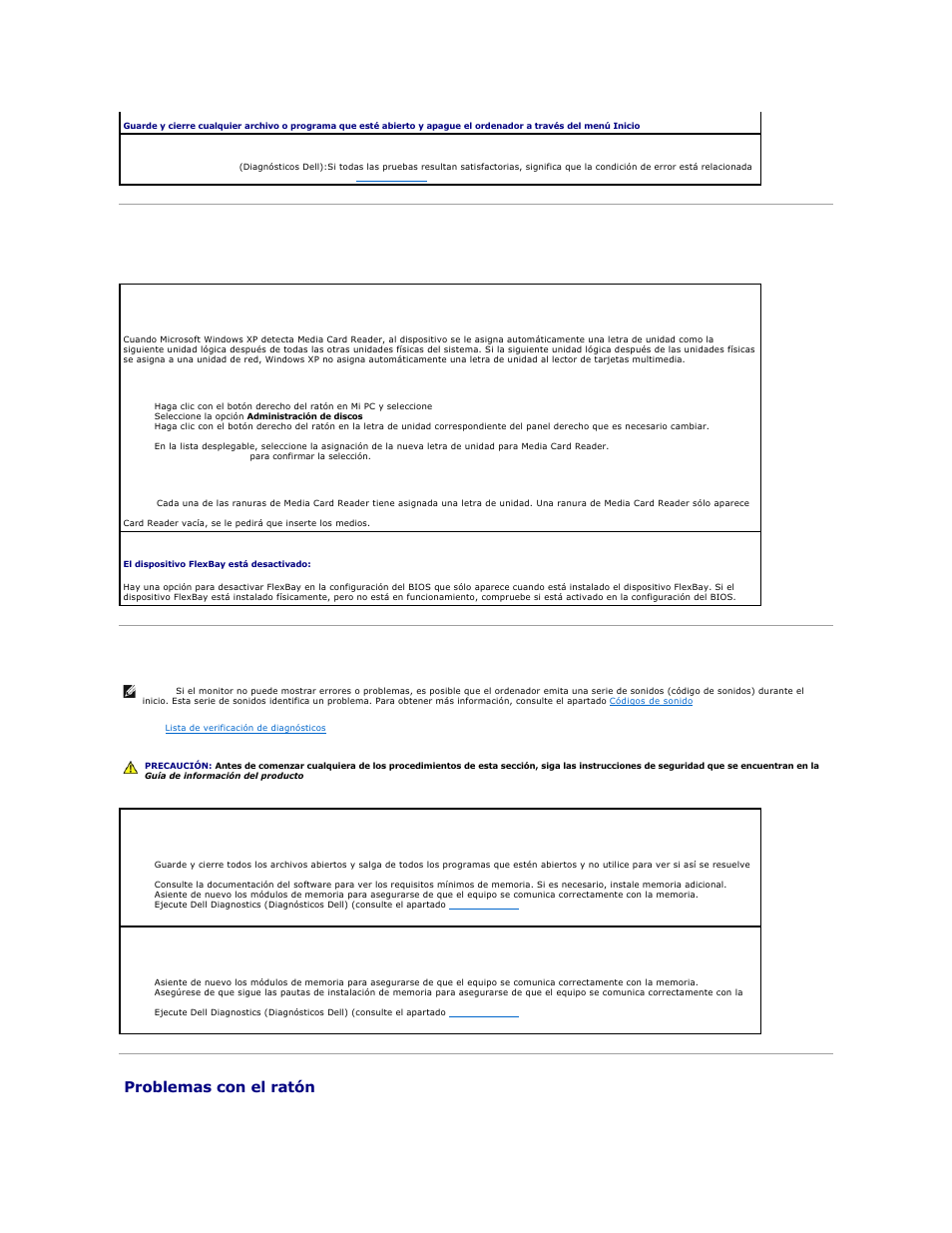 Problemas con el lector de tarjetas multimedia, Problemas con la memoria, Problemas con el ratón | Dell OptiPlex 740 User Manual | Page 209 / 236