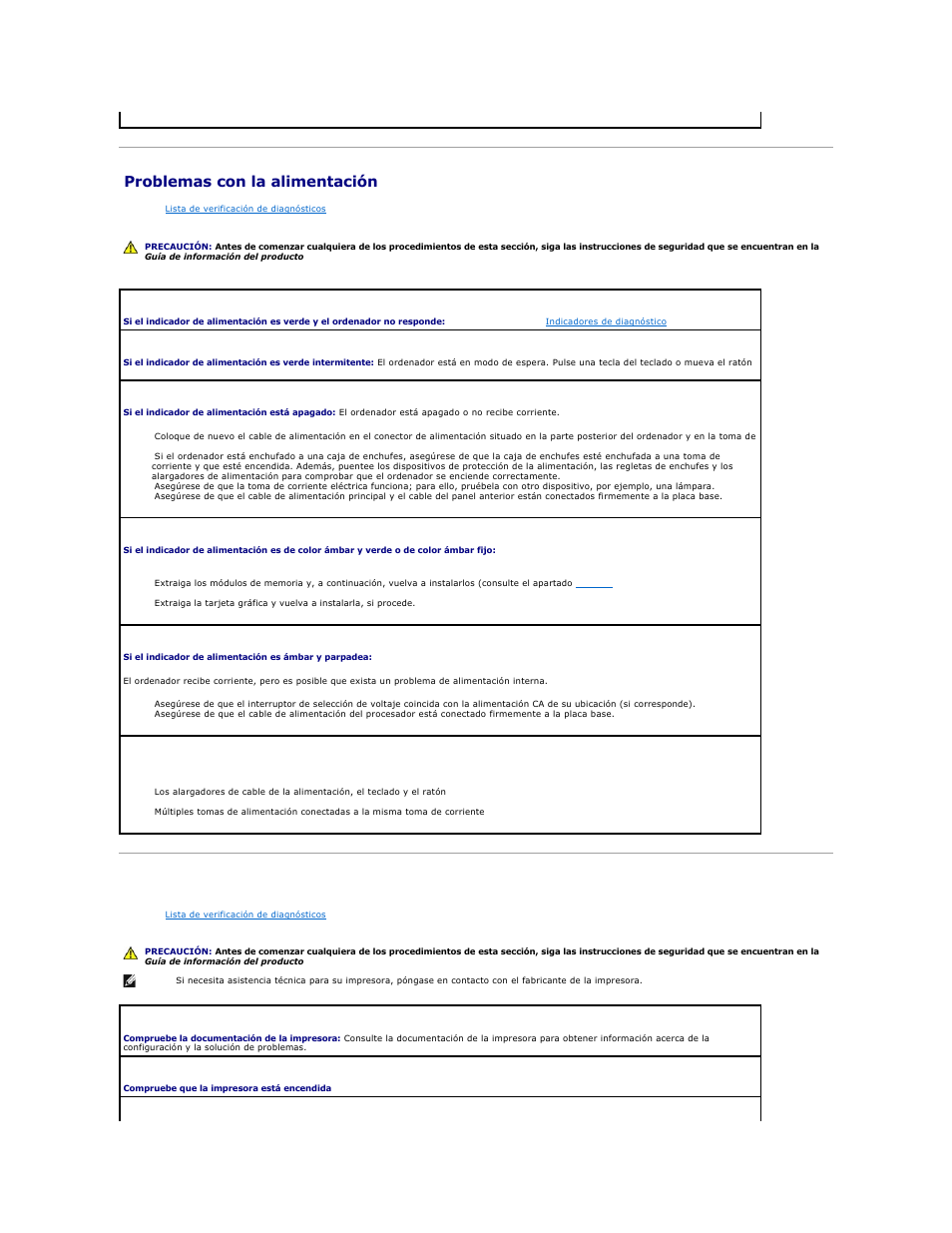 Problemas con la alimentación, Problemas con la impresora | Dell OptiPlex 740 User Manual | Page 211 / 236