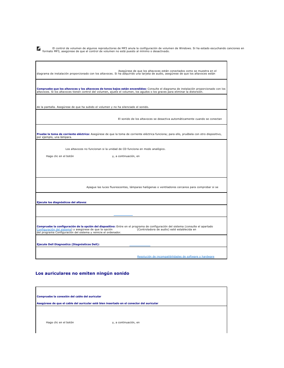 Los altavoces no emiten sonido, Los auriculares no emiten ningún sonido | Dell OptiPlex 740 User Manual | Page 213 / 236