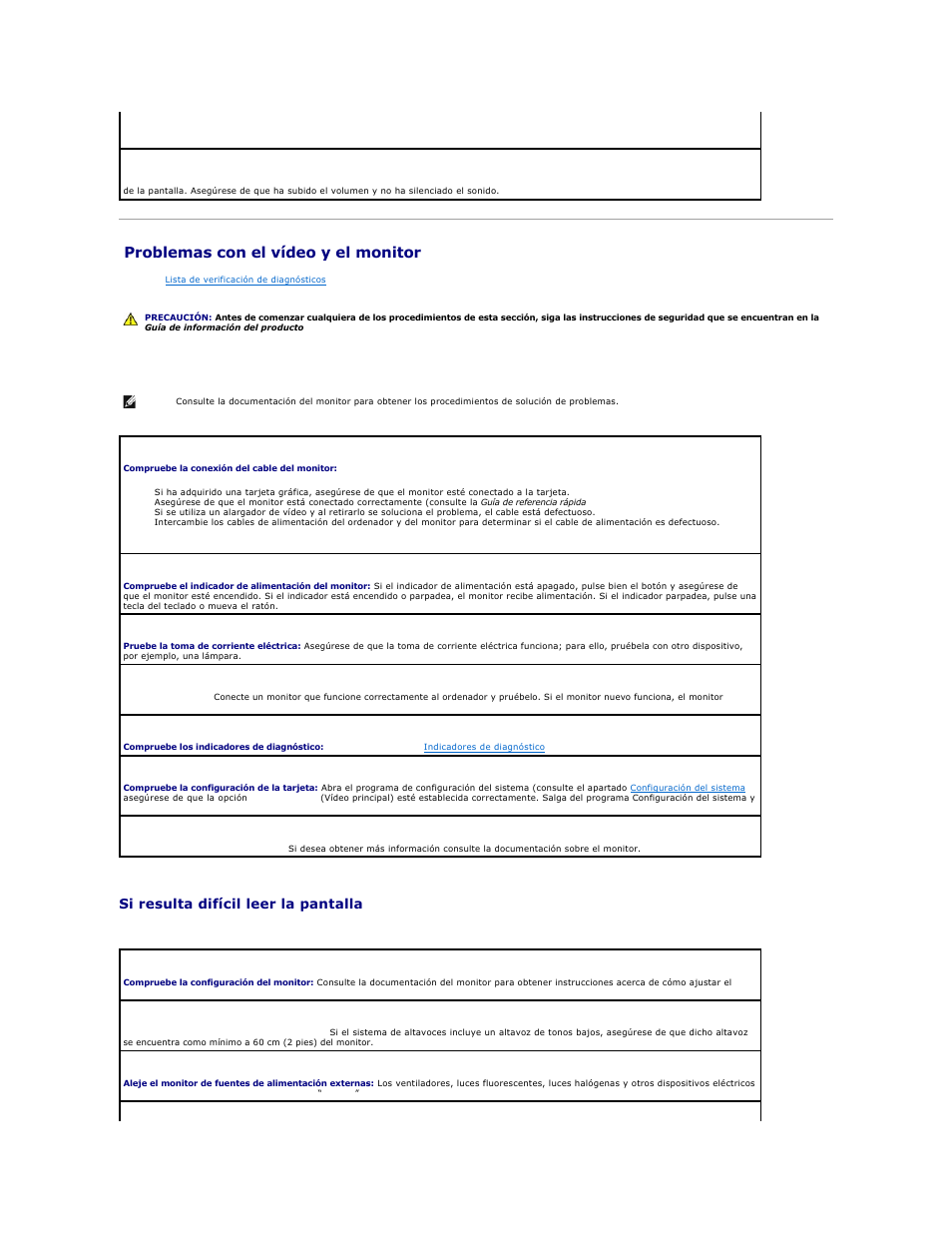 Problemas con el vídeo y el monitor, Si la pantalla aparece en blanco, Si resulta difícil leer la pantalla | Dell OptiPlex 740 User Manual | Page 214 / 236