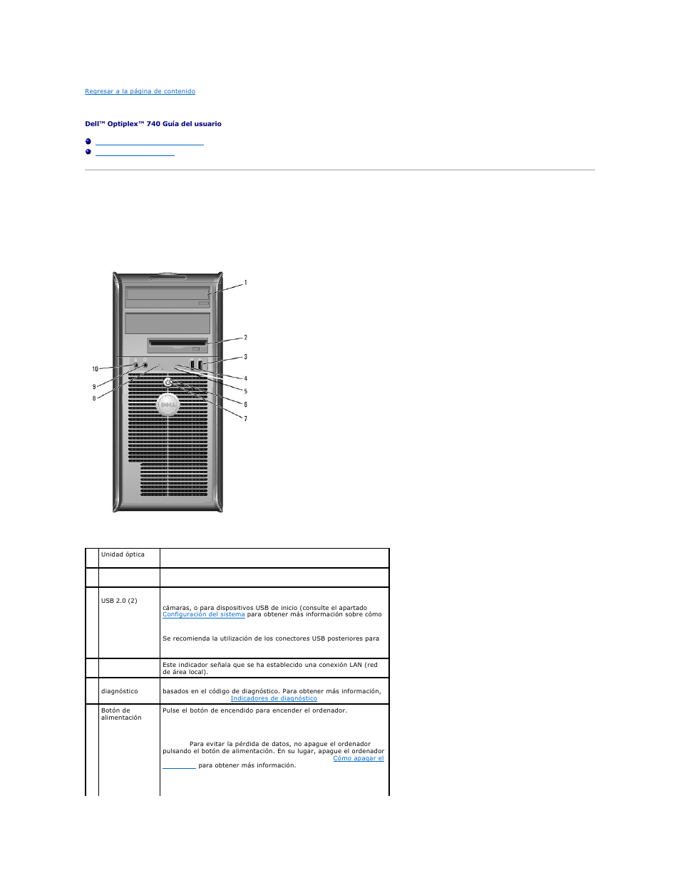 Ordenador de minitorre, Acerca del ordenador de minitorre, Vista anterior | Dell OptiPlex 740 User Manual | Page 223 / 236