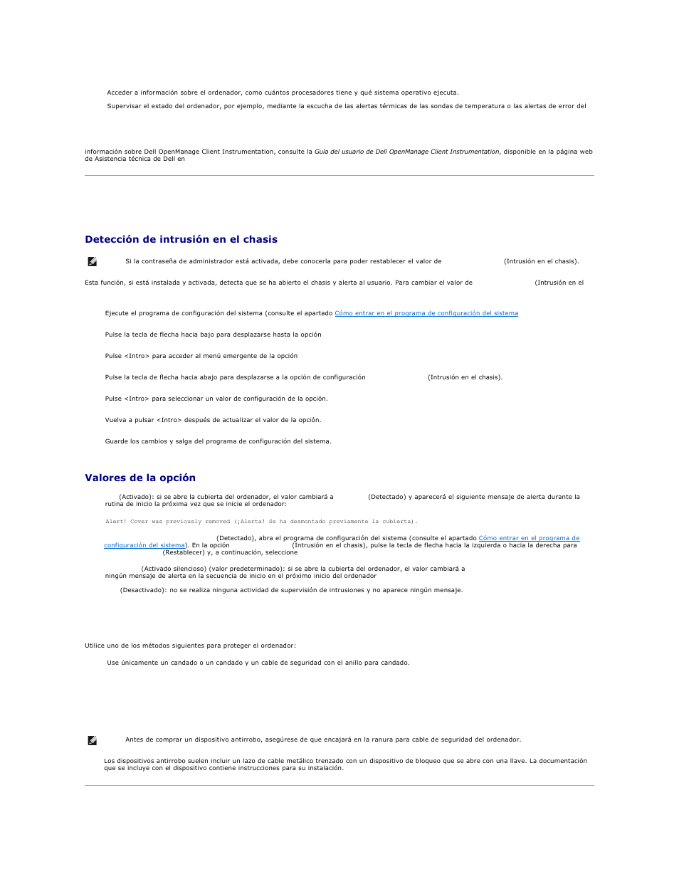 Seguridad, Detección de intrusión en el chasis, Valores de la opción | Dell OptiPlex 740 User Manual | Page 3 / 236