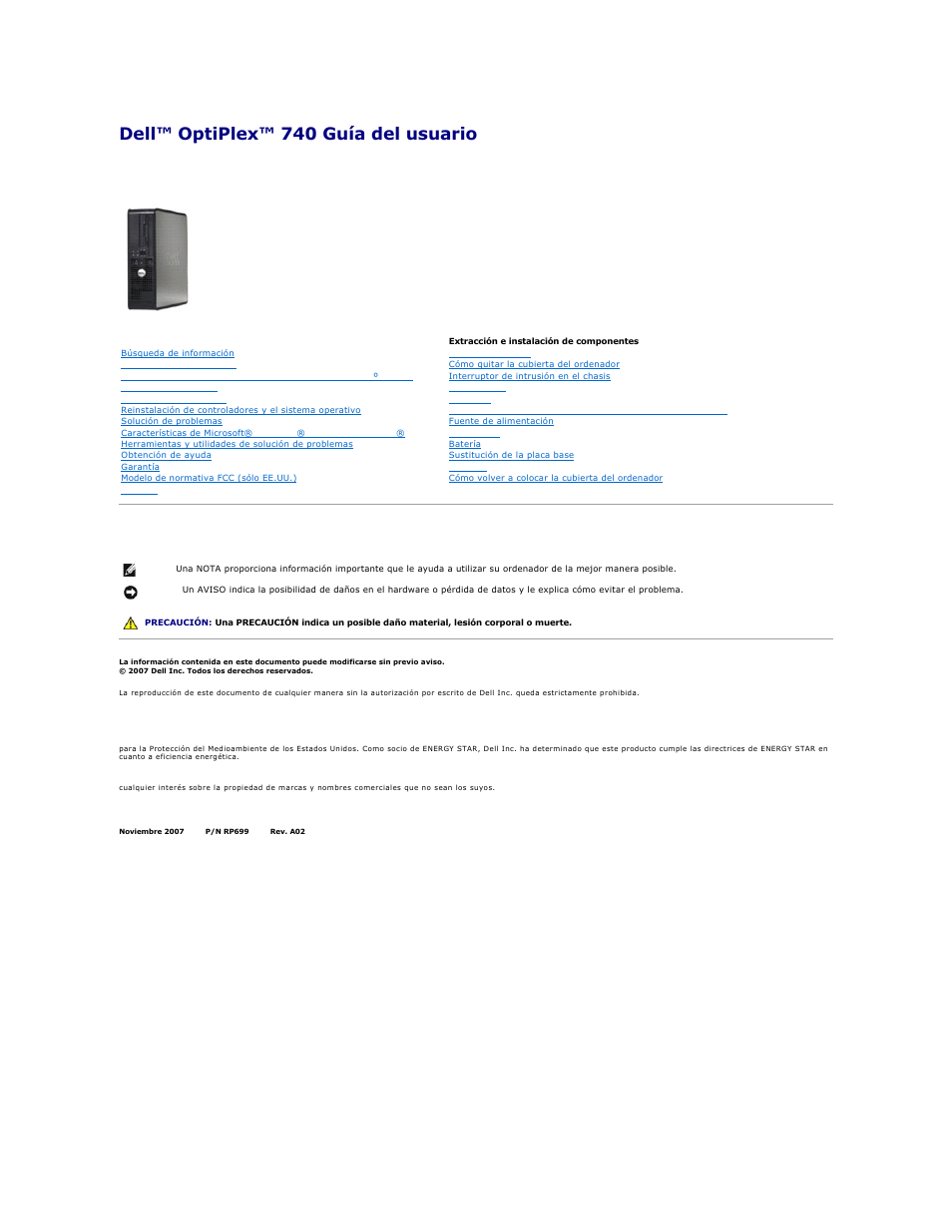 Dell™ optiplex™ 740 guía del usuario, Notas, avisos y precauciones, Ordenador de sobremesa | Dell OptiPlex 740 User Manual | Page 32 / 236