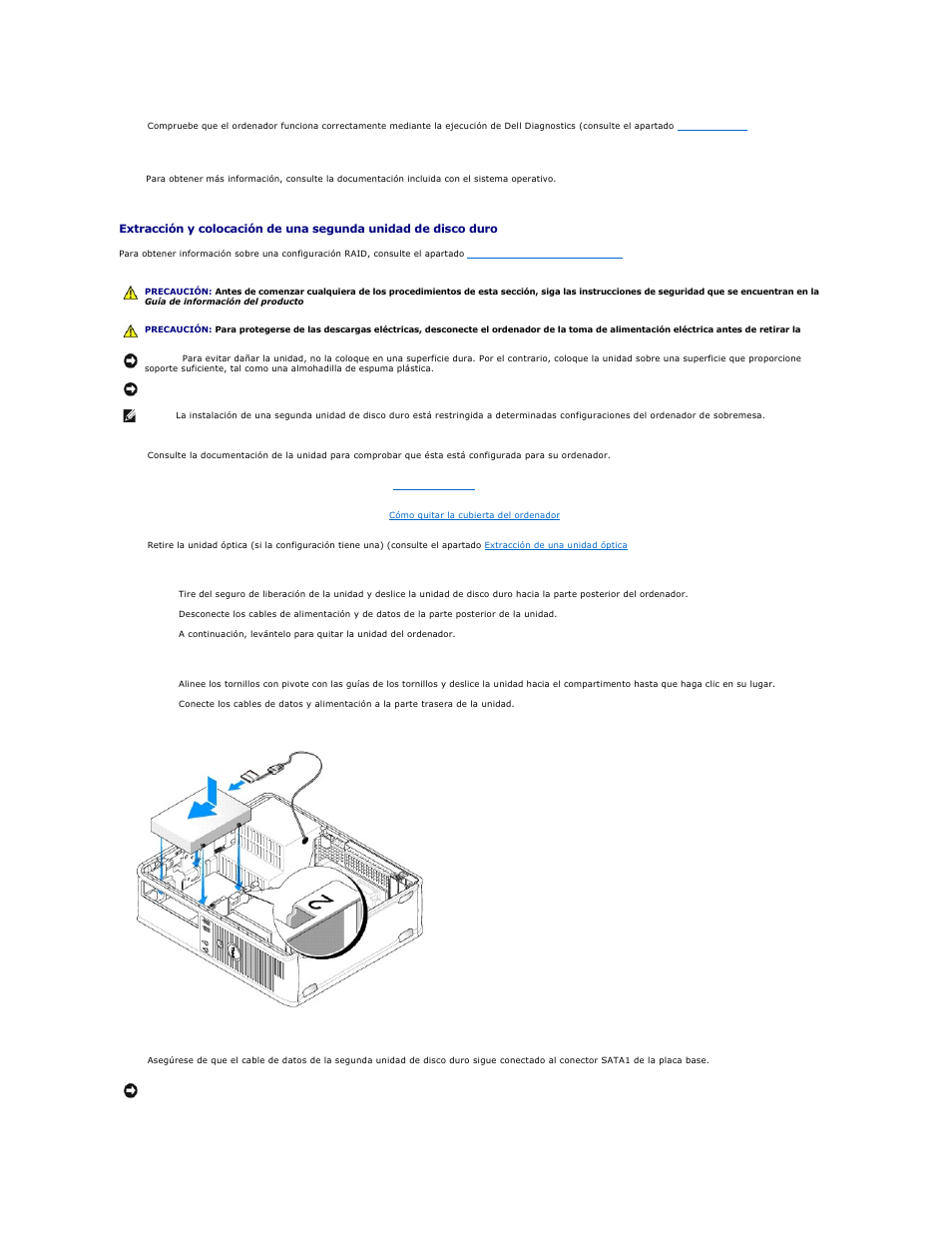 Extracción del lector de tarjetas multimedia, O el apartado, Extracción y colocación de una segunda unidad de | Disco duro, Y déjela a un lado con cuidado, Para obtener | Dell OptiPlex 740 User Manual | Page 66 / 236