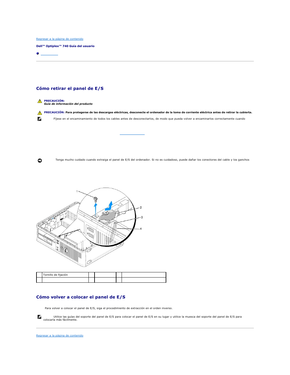 Panel de e/s, Cómo retirar el panel de e/s, Cómo volver a colocar el panel de e/s | Dell OptiPlex 740 User Manual | Page 69 / 236