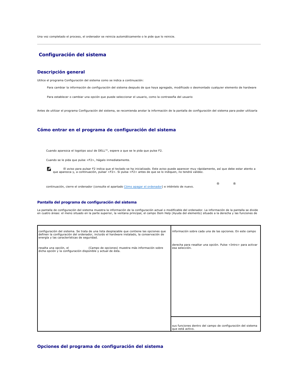 Configuración del sistema, Cómo entrar en el programa de, En la opción | No establecida) (consulte el apartado, Escriba la contraseña (consulte el apartado, Descripción general, Opciones del programa de configuración del sistema | Dell OptiPlex 740 User Manual | Page 7 / 236