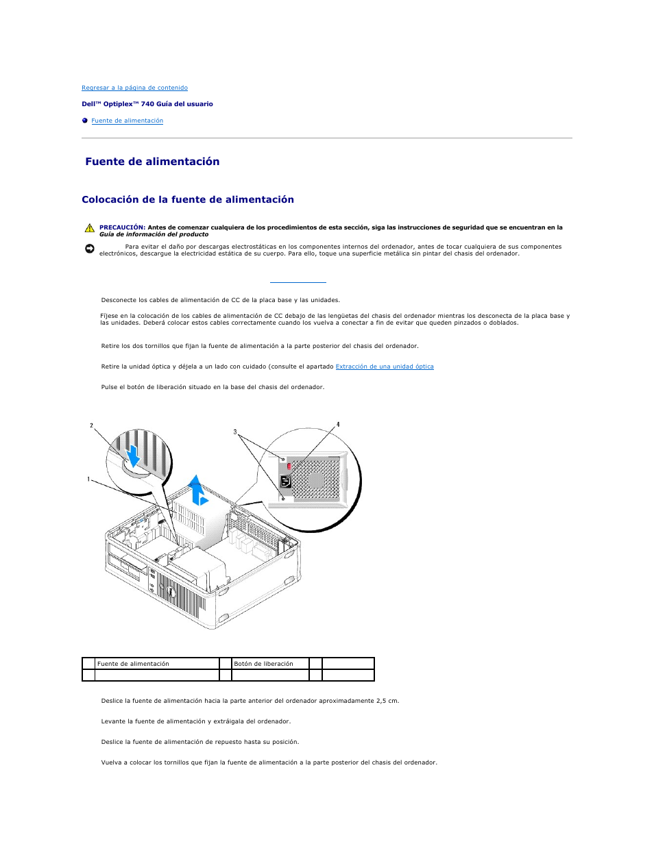 Fuente de alimentación, Colocación de la fuente de alimentación | Dell OptiPlex 740 User Manual | Page 71 / 236