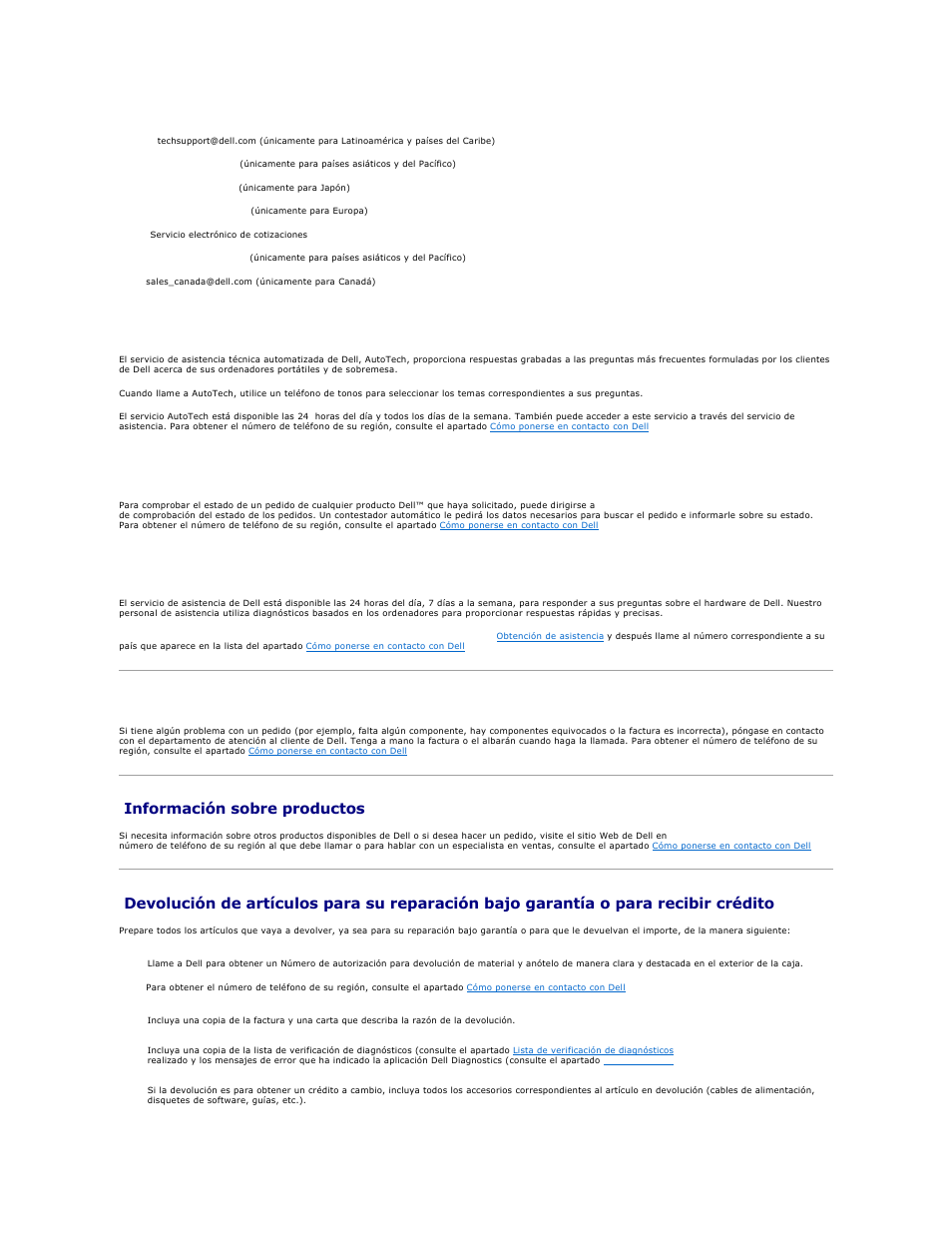 Problemas con su pedido, Información sobre productos, Servicio de asistencia | Servicio autotech | Dell OptiPlex 740 User Manual | Page 88 / 236