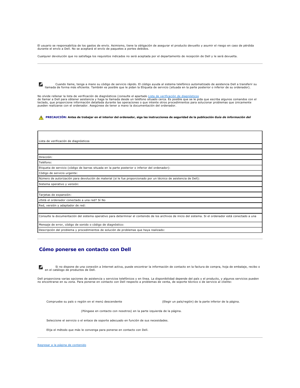 Antes de llamar, Cómo ponerse en contacto con dell, Realice una copia de la | Lista de verificación de diagnósticos, Consulte el apartado, Región, consulte el apartado | Dell OptiPlex 740 User Manual | Page 89 / 236