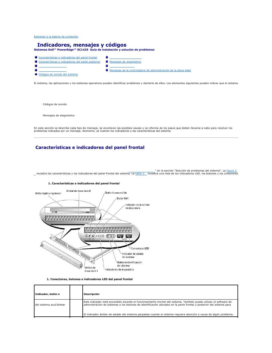 Indicadores, mensajes y códigos, Características e indicadores del panel frontal, Indicadores de estado del sistema | Dell PowerEdge SC1425 User Manual | Page 11 / 66