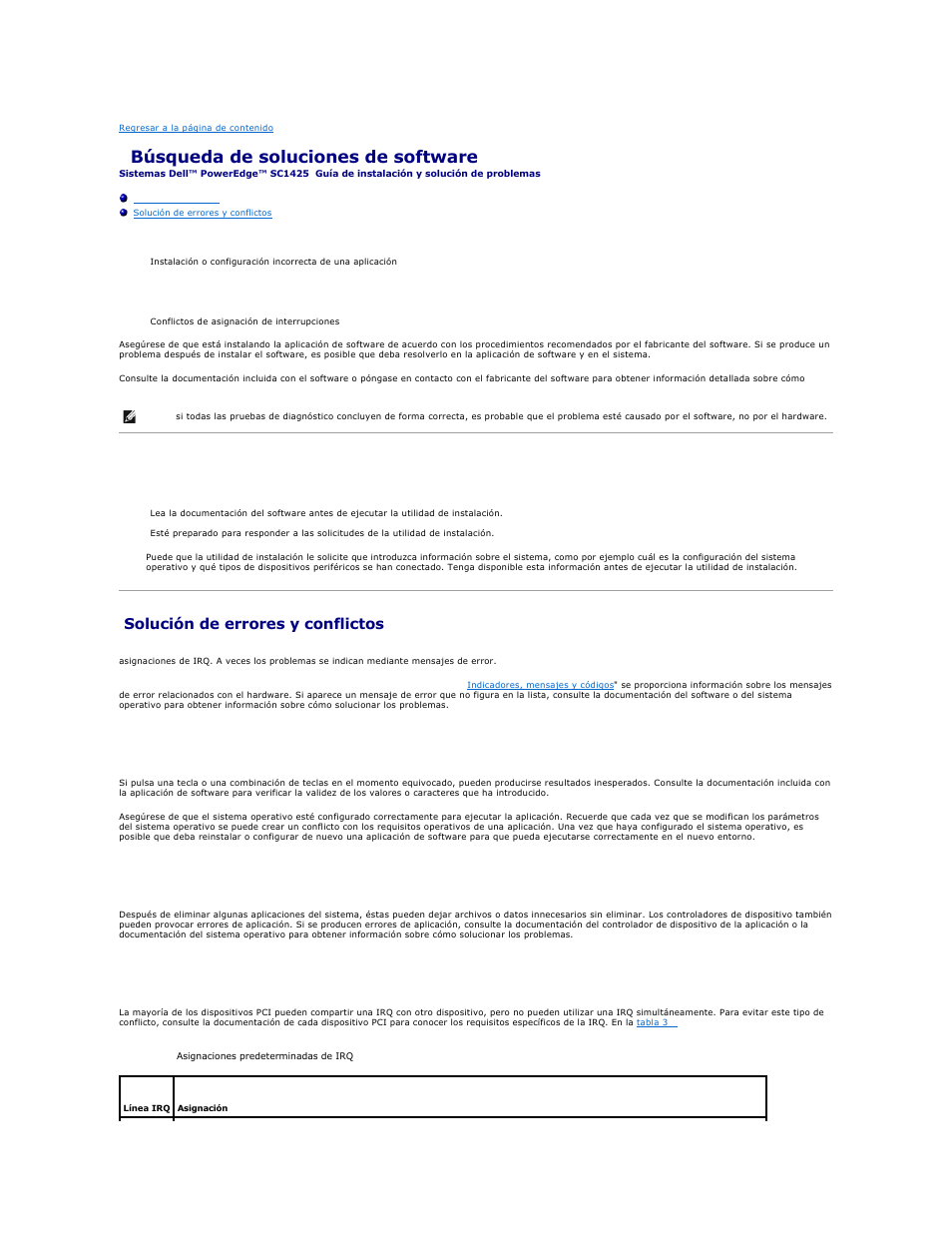 Búsqueda de soluciones de software, Antes de comenzar, Solución de errores y conflictos | Errores de entrada, Conflictos entre aplicaciones, Conflictos de asignaciones de irq | Dell PowerEdge SC1425 User Manual | Page 19 / 66