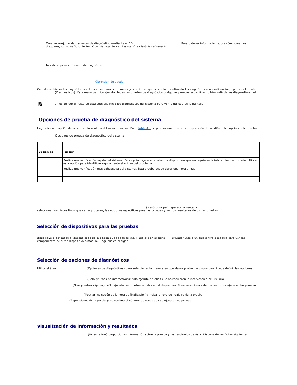 Opciones de prueba de diagnóstico del sistema, Uso de las opciones de prueba personalizada, Selección de dispositivos para las pruebas | Selección de opciones de diagnósticos, Visualización de información y resultados | Dell PowerEdge SC1425 User Manual | Page 22 / 66