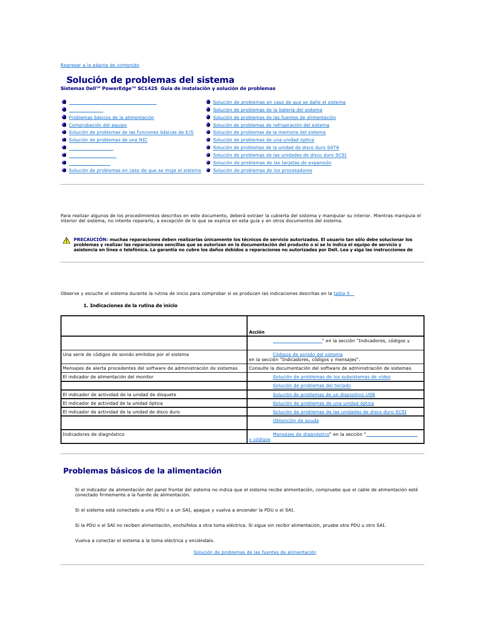 Solución de problemas del sistema, Seguridad para el usuario y el sistema, Rutina de inicio | Problemas básicos de la alimentación | Dell PowerEdge SC1425 User Manual | Page 24 / 66