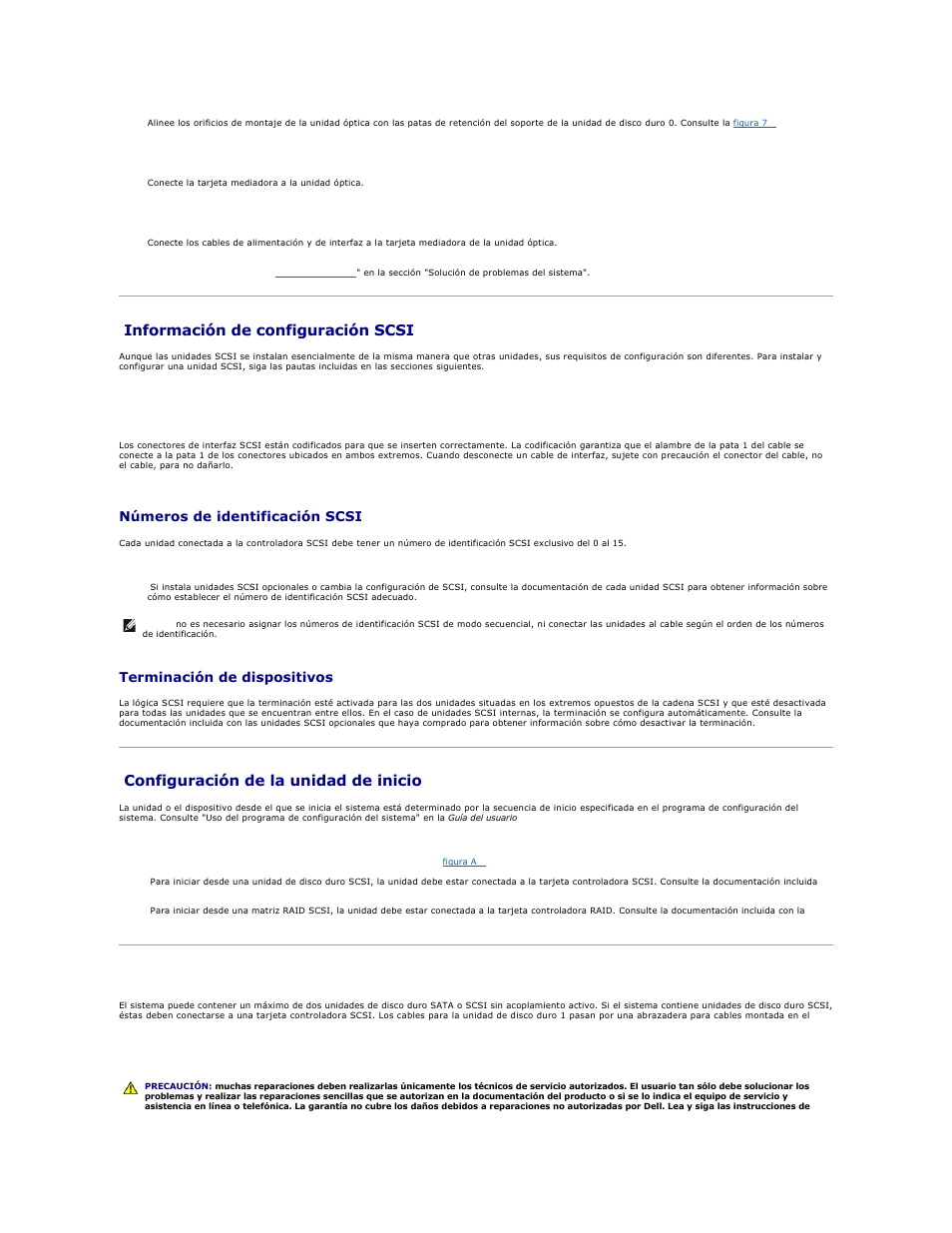 Información de configuración scsi, Configuración de la unidad de inicio, Unidades de disco duro | Cables de interfaz scsi, Números de identificación scsi, Terminación de dispositivos | Dell PowerEdge SC1425 User Manual | Page 51 / 66