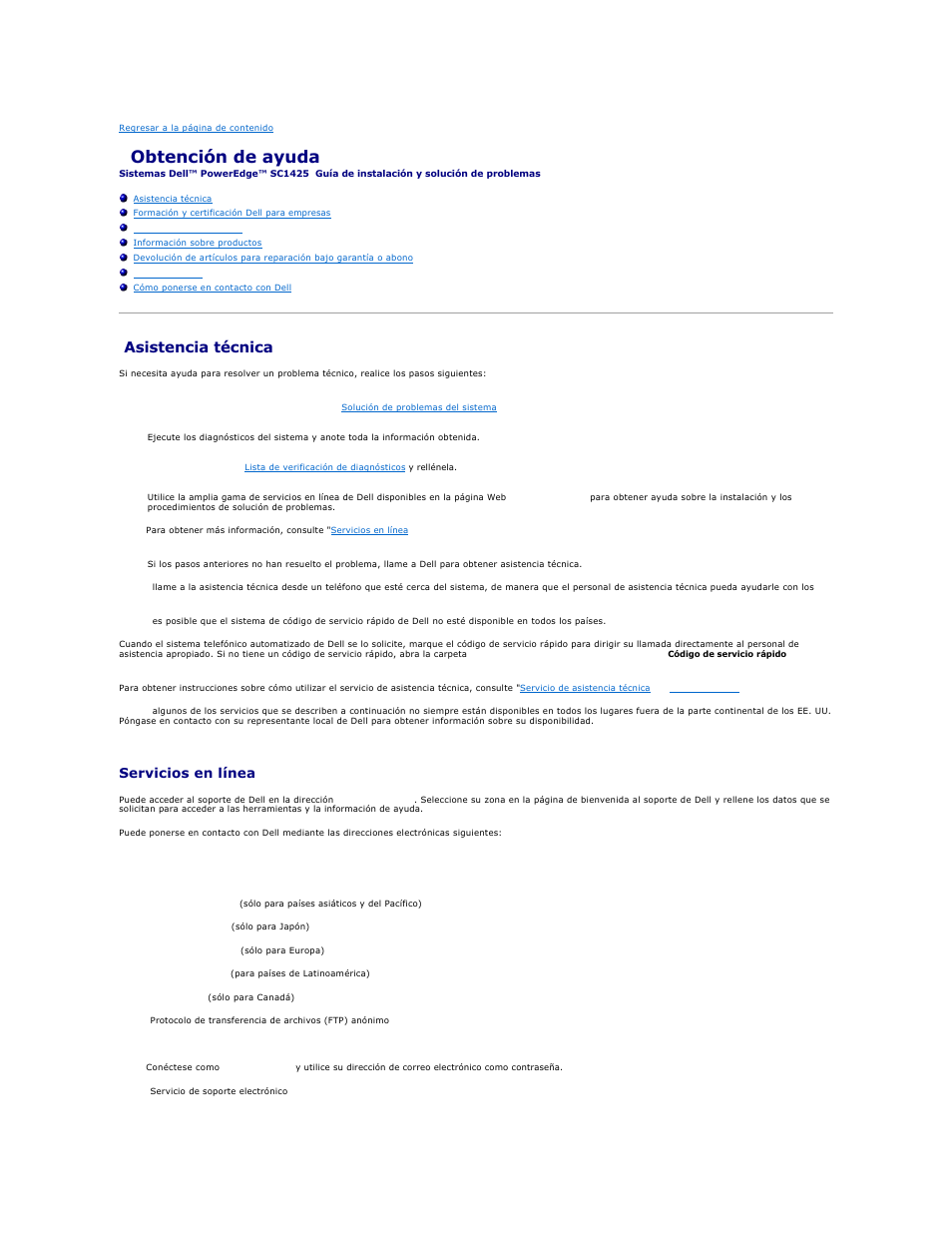 Obtención de ayuda, Asistencia técnica, Servicios en línea | Dell PowerEdge SC1425 User Manual | Page 55 / 66