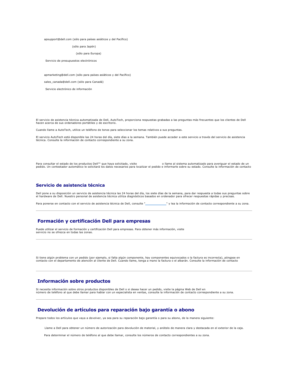 Formación y certificación dell para empresas, Problemas con el pedido, Información sobre productos | Servicio de asistencia técnica, Servicio autotech, Servicio automatizado de estado de pedidos | Dell PowerEdge SC1425 User Manual | Page 56 / 66