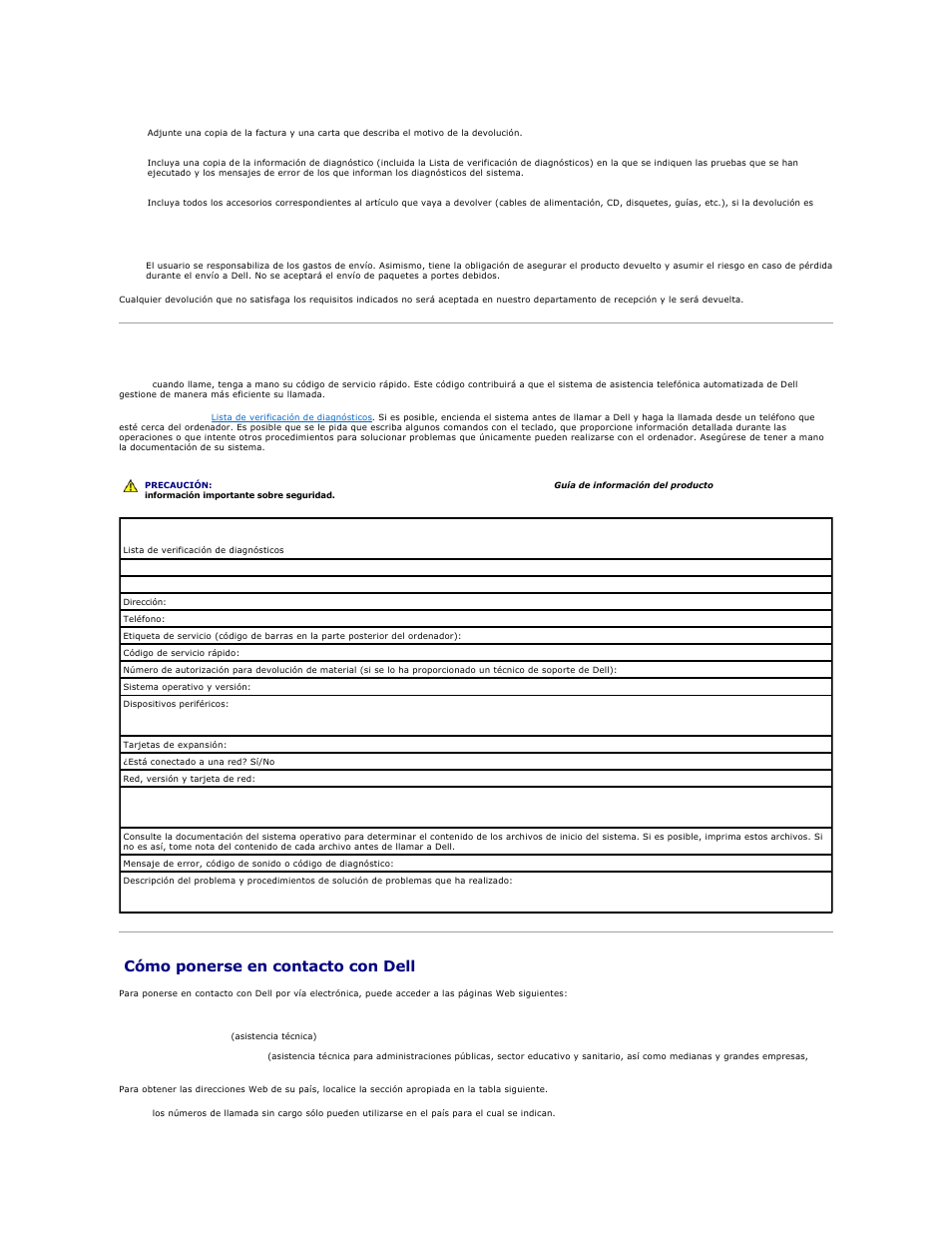 Antes de llamar, Cómo ponerse en contacto con dell, Haga una copia de la | Lista de verificación de diagnósticos | Dell PowerEdge SC1425 User Manual | Page 57 / 66