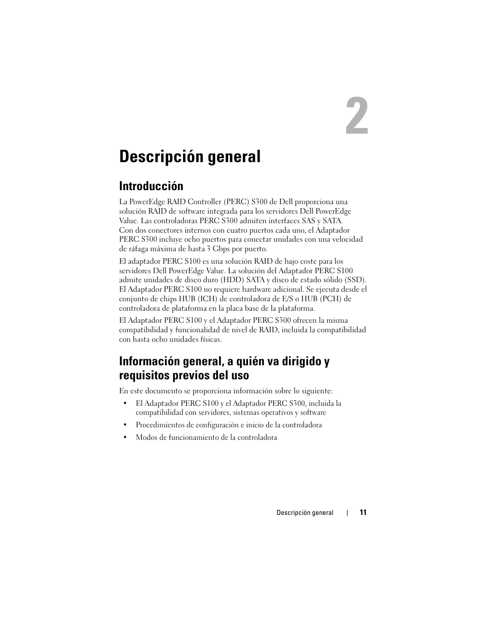 Descripción general, Introducción, Previos del uso | Dell PowerEdge RAID Controller S100 User Manual | Page 11 / 124