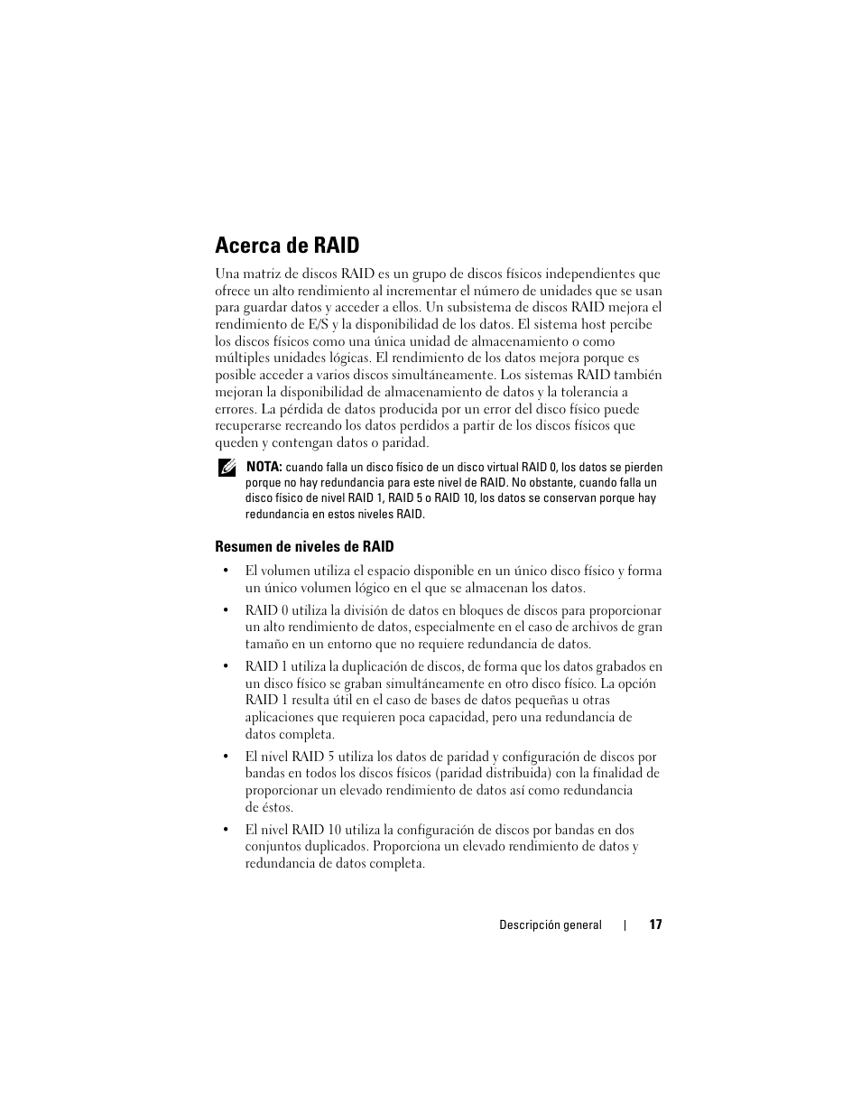 Acerca de raid, Resumen de niveles de raid | Dell PowerEdge RAID Controller S100 User Manual | Page 17 / 124