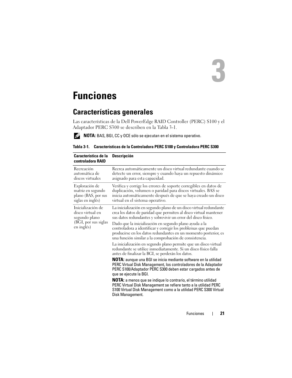 Funciones, Características generales | Dell PowerEdge RAID Controller S100 User Manual | Page 21 / 124