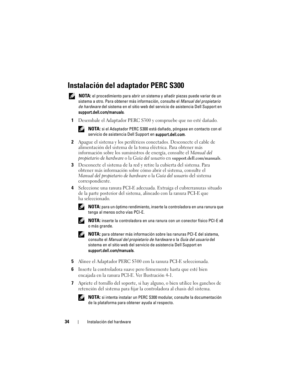 Instalación del adaptador perc s300 | Dell PowerEdge RAID Controller S100 User Manual | Page 34 / 124