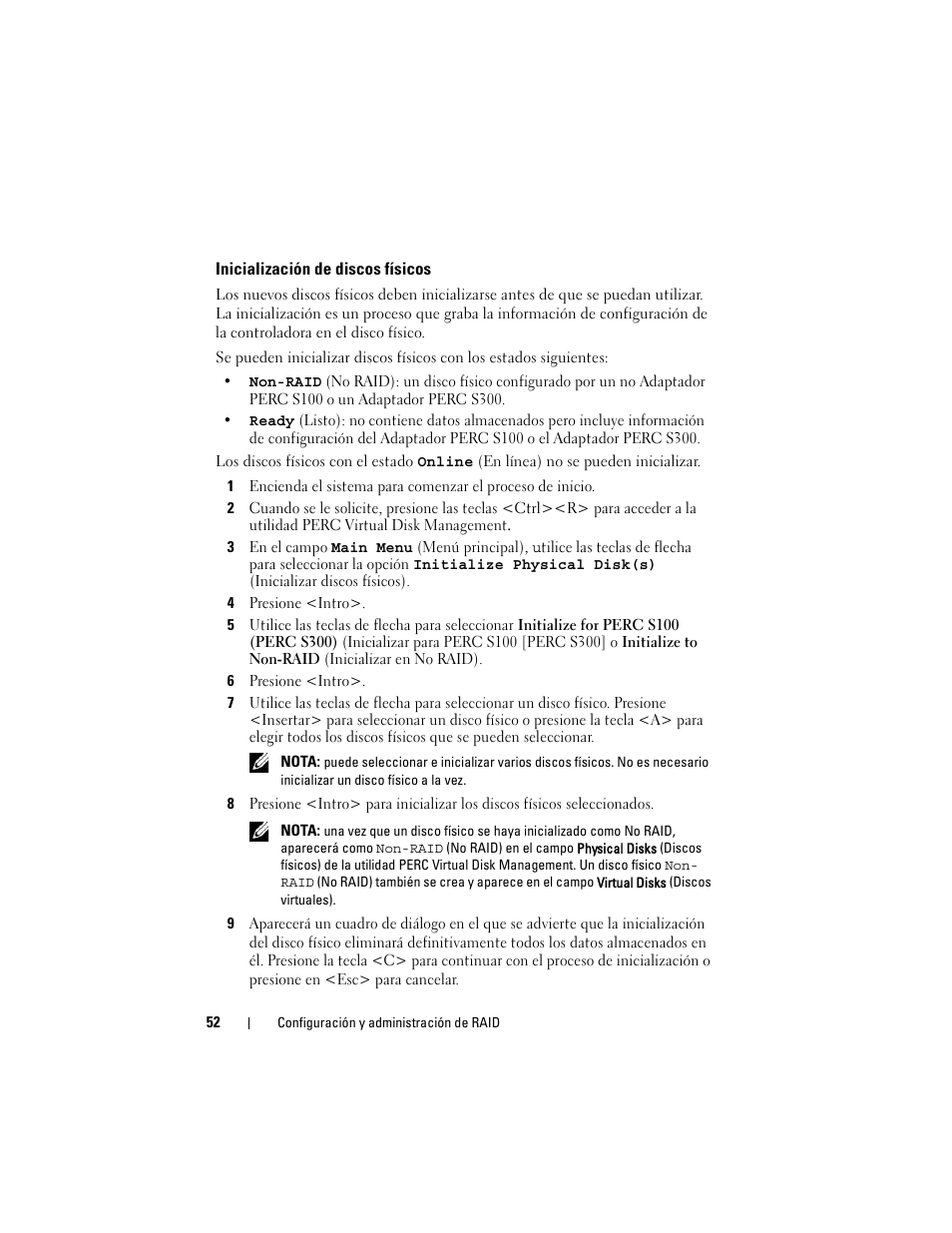 Inicialización de discos físicos, Inicialización de discos, Físicos | Dell PowerEdge RAID Controller S100 User Manual | Page 52 / 124