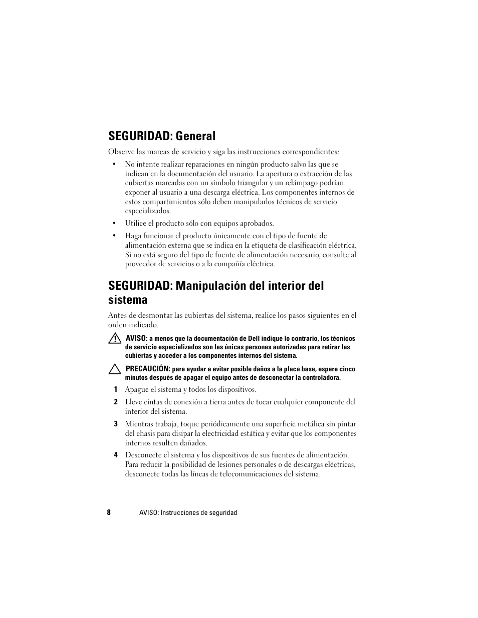 Seguridad: general, Seguridad: manipulación del interior del sistema | Dell PowerEdge RAID Controller S100 User Manual | Page 8 / 124