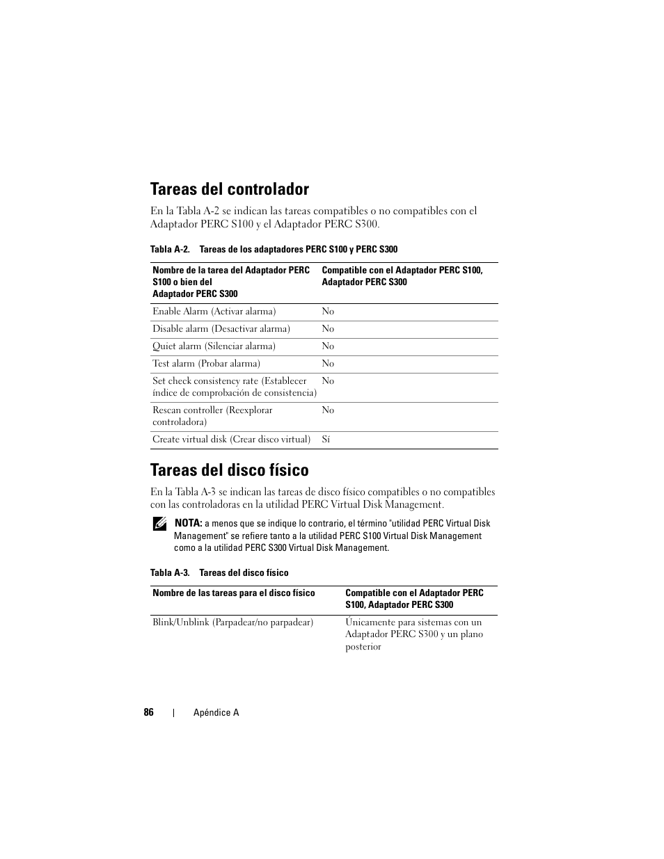 Tareas del controlador, Tareas del disco físico | Dell PowerEdge RAID Controller S100 User Manual | Page 86 / 124