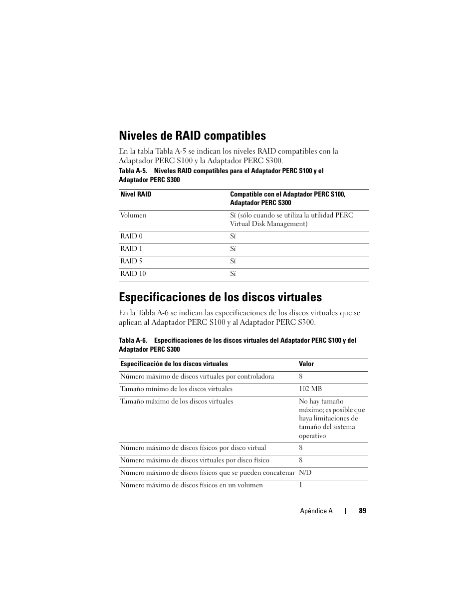 Niveles de raid compatibles, Especificaciones de los discos virtuales | Dell PowerEdge RAID Controller S100 User Manual | Page 89 / 124