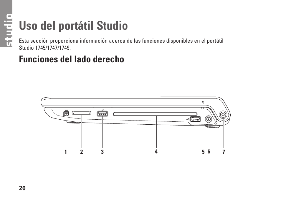 Uso del portátil studio, Funciones del lado derecho | Dell Studio 1747 (Late 2009) User Manual | Page 22 / 104
