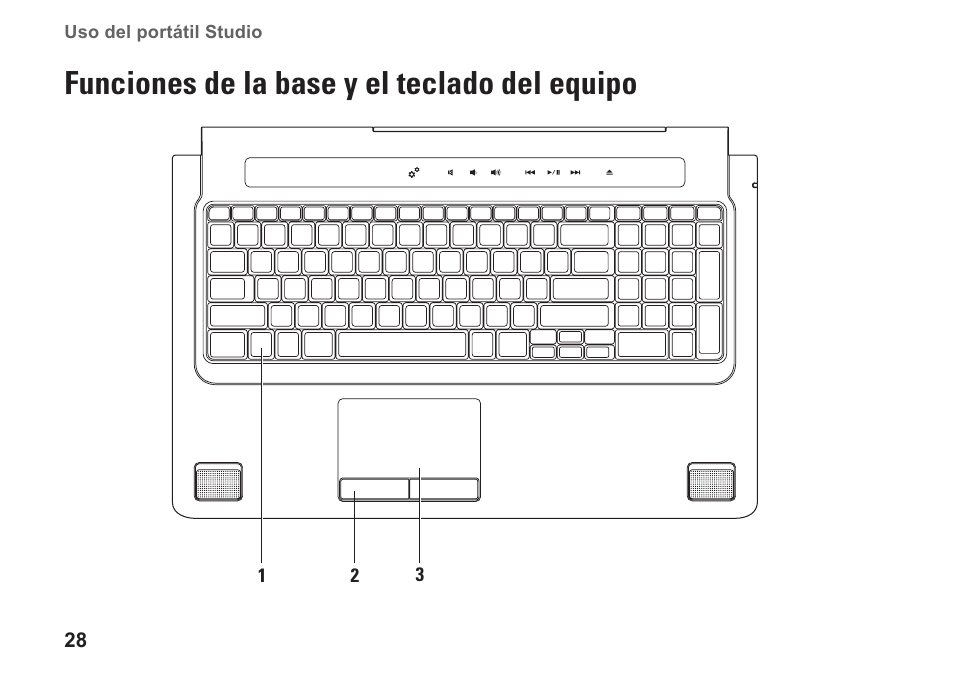 Funciones de la base y el teclado del equipo, Funciones de la base y el teclado, Del equipo | Dell Studio 1747 (Late 2009) User Manual | Page 30 / 104