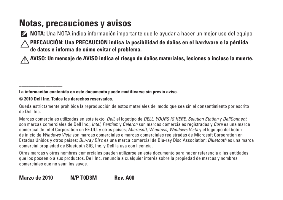 Notas, precauciones y avisos | Dell Studio 1747 (Late 2009) User Manual | Page 4 / 104